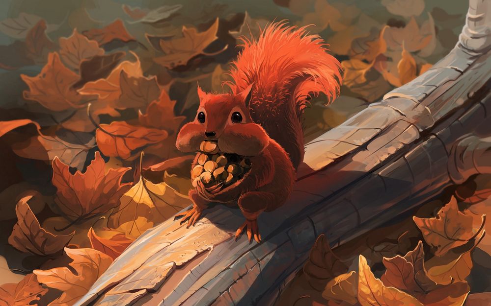 Обои для рабочего стола Белка с орешками сидит на бревне, художник Cyril Rolando