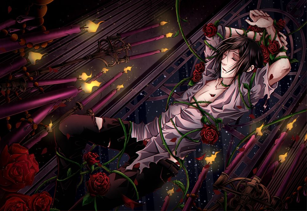Обои для рабочего стола Раненный Sebastian Michaelis / Себастьян Микаэлис, опутанный стеблями колючих роз, в окружении горящих свеч, аниме Темный Дворецкий / Black Butler / Kuroshitsuji