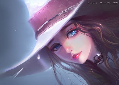 Обои на рабочий стол Голубоглазая девушка в шляпе, by Mars Foong