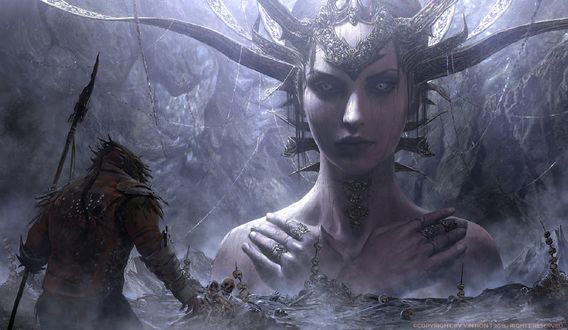 Обои на рабочий стол Воин с копьем стоит перед Goddess / Богиней, by yintion J