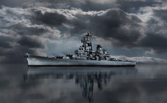 Обои на рабочий стол Военный корабль в море под тучами