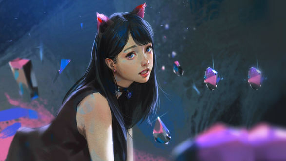 Обои на рабочий стол Девушка с кошачьими ушками, by Rui Li