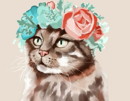 Обои на рабочий стол Кошка с цветами на голове, by Grian chen