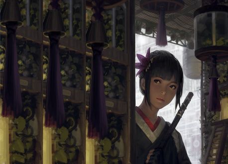 Обои на рабочий стол Девушка стоит в проеме, by guweiz