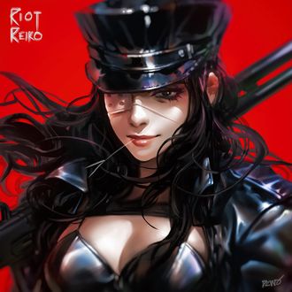 Обои на рабочий стол Девушка в фуражке с оружием за спиной, Riot Reiko