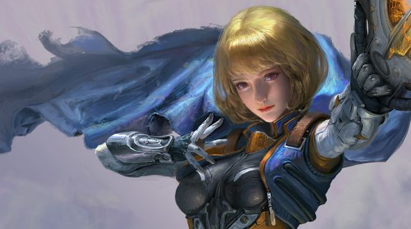 Обои на рабочий стол Портрет кибер-девушки с золотистыми волосами, by Xiaoting Li