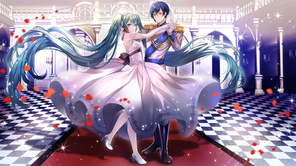 Обои на рабочий стол Vocaloid Hatsune Miku / вокалоид Хацунэ Мику и Шион Кайто / Shion Kaito танцуют