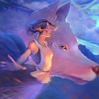 Обои на рабочий стол Princess Mononoke / Принцесса Мононокэ и богиня-волчица Moro / Моро из аниме Princess Mononoke / Принцесса Мононоке / Mononoke Hime, by Dzikawa