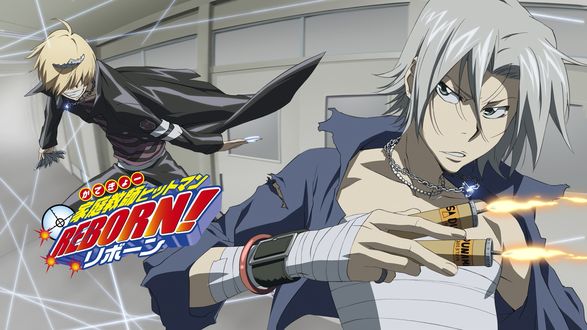 Обои на рабочий стол Гокудера Хаято / Hayato Gokudera и Belphegor сражаются из аниме Репетитор-киллер Реборн! / Katekyo Hitman Reborn!