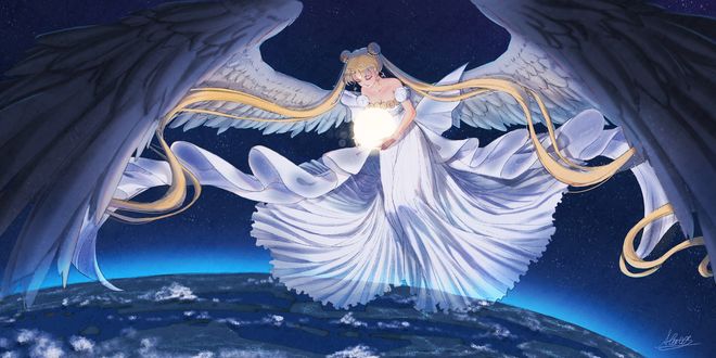 Обои на рабочий стол Sailor Moon / Сейлор Мун со светящейся сферой в руках парит на больших крыльях над Землей, из аниме Красавица-воин Сейлор Мун / Bishoujo Senshi Sailor Moon