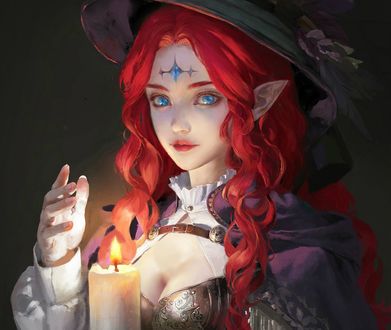 Обои на рабочий стол Девушка - эльф со свечой в руке, by jingyu shen