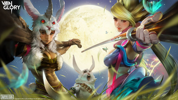Обои на рабочий стол Герои игры Vainglory стоят на фоне планеты в ночном небе, by Evan Lee