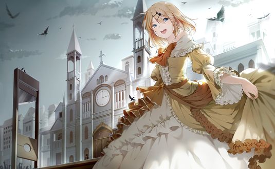 Обои на рабочий стол Vocaloid / вокалоид Sakine Meiko в историческом платье с кринолином рядом с гильотиной на фоне замка, над которым кружат летучие мыши