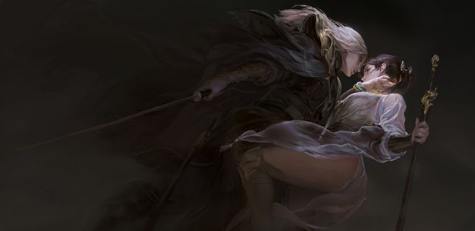 Обои на рабочий стол Воины- юноша и девушка в сумрачном тумане, by XIA_YU XIA_YU