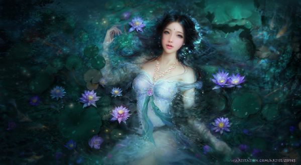 Обои на рабочий стол Девушка лежит в пруду с кувшинками, by Ruoxin Zhang