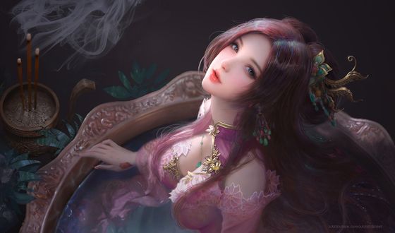 Обои на рабочий стол Девушка-китаянка сидит в ванной, by Ruoxin Zhang