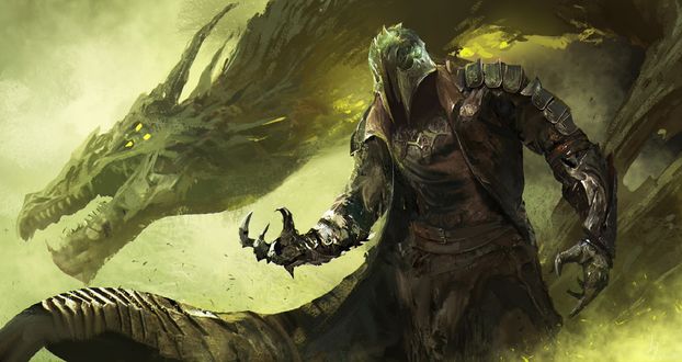 Обои на рабочий стол Воин и дракон в тумане, by fang xinyu