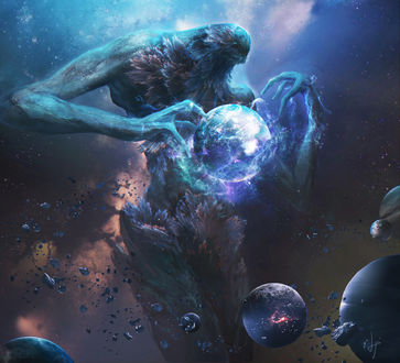 Обои на рабочий стол Space Monster / Космический монстр уничтожает планету, by fang xinyu