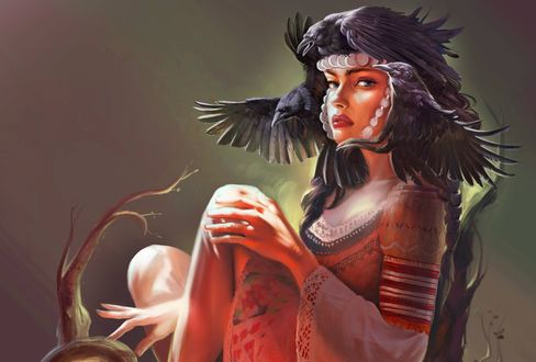Обои на рабочий стол Девушка с птицами на голове, by Kaloyan Stoyanov