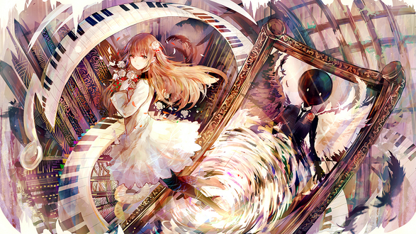 Обои на рабочий стол Deemo / Димо и девочка с цветами из игры Димо / Deemo