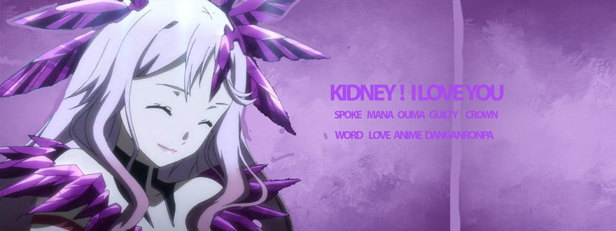 Обои на рабочий стол Персонаж мана ома / mana ouma из аниме корона грешника / guilty crown (kidney! i love you / почка я тебя люблю, spoke mana ouma guilty crown / переговорила мана ома корона грешника, word love anime danganronpa / слово любви аниме школа отчаяния) на сиреневом фоне улыбается