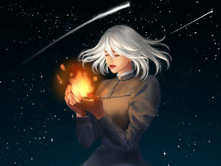 Обои на рабочий стол Девушка с огнем в руках, by Nishi hiku