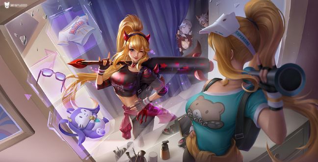 Обои на рабочий стол Героиня игры Honor of Kings / Честь Королей стоит в гримерной у зеркала и смотрит на своего двойника-дьяволицу, by 3Q STUDIO