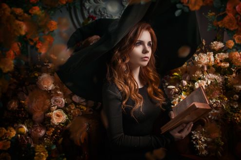 Обои на рабочий стол Цветочная ведьма с книгой в руках, by fenixfatalist