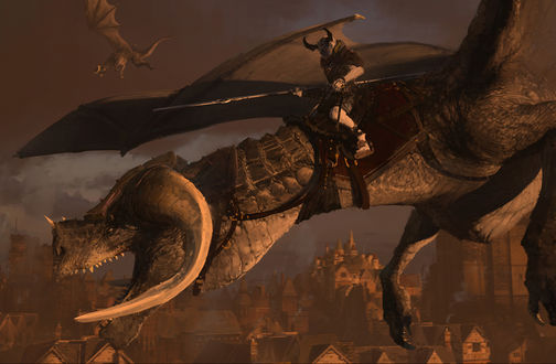 Обои на рабочий стол Демон-Dragon rider / Всадник дракона с копьем летит над древним городом, by Greg Danton