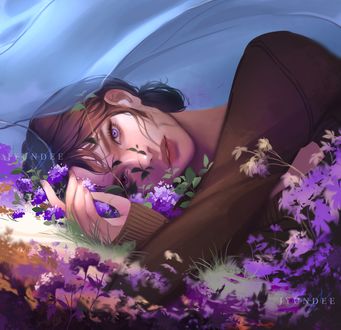 Обои на рабочий стол Девушка лежит в цветах, by Jyundee