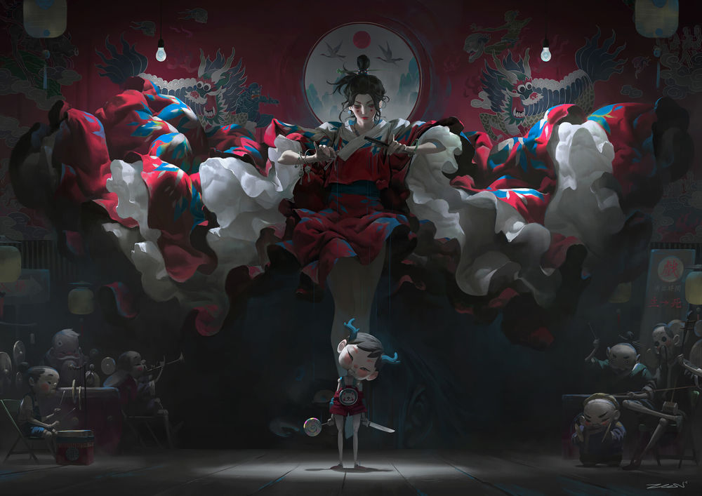 Обои для рабочего стола Девушка-кукловод среди карликов-музыкантов парит над сценой, из-за которой выглядывает демон, by Zeen Chin