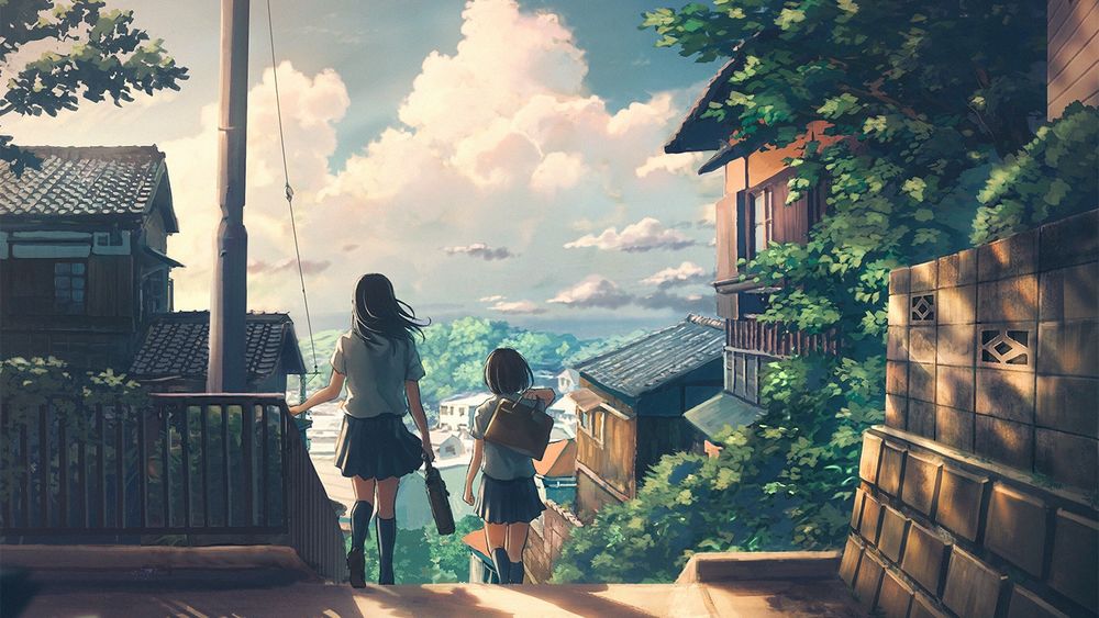Обои для рабочего стола Две девочки школьницы идут в школу по дороге, спускающейся вниз, на фоне живописного пейзажа