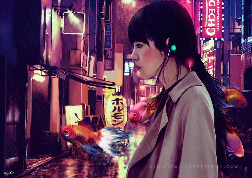 Обои для рабочего стола Девушка стоит на улице ночного японского города под дождем, среди плавающих рыб, by Cecilia G. F