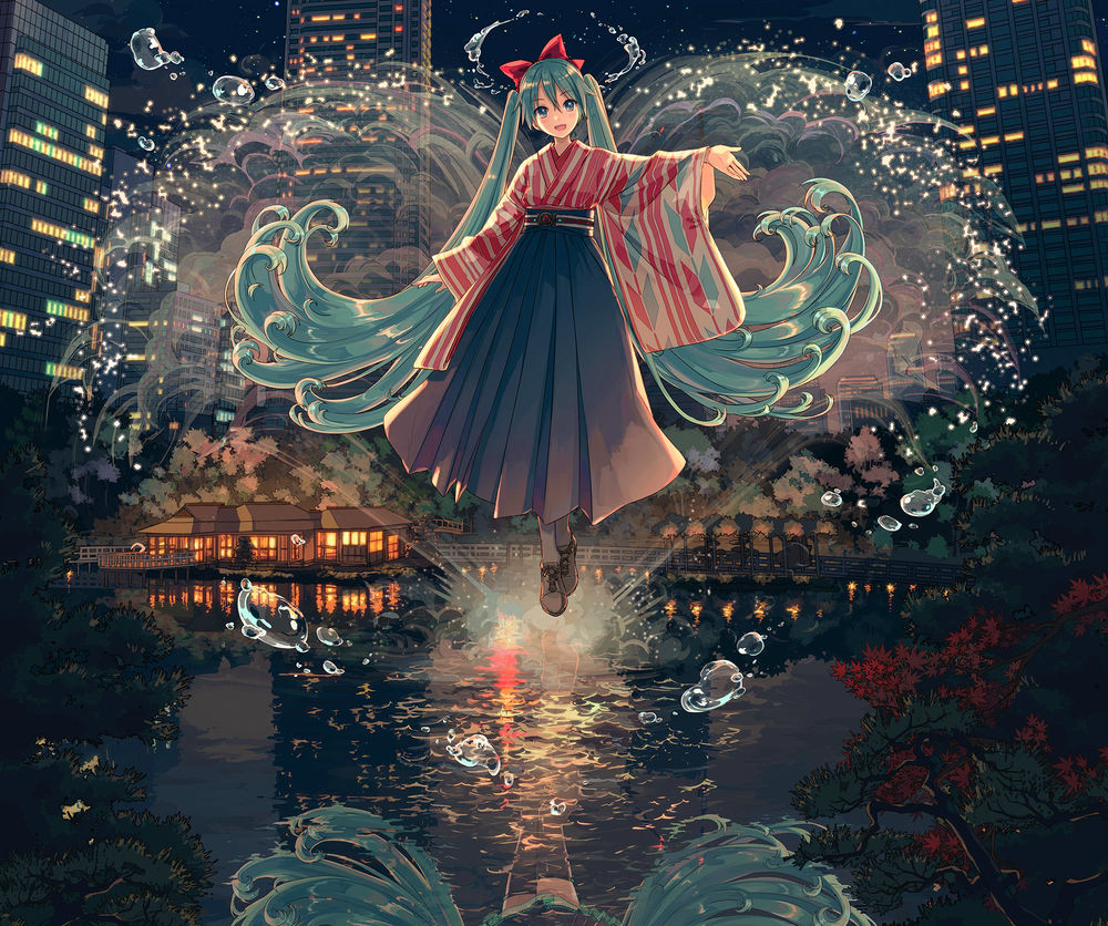 Обои для рабочего стола Vocaloid Hatsune Miku / вокалоид Хацунэ Мику парит над водой