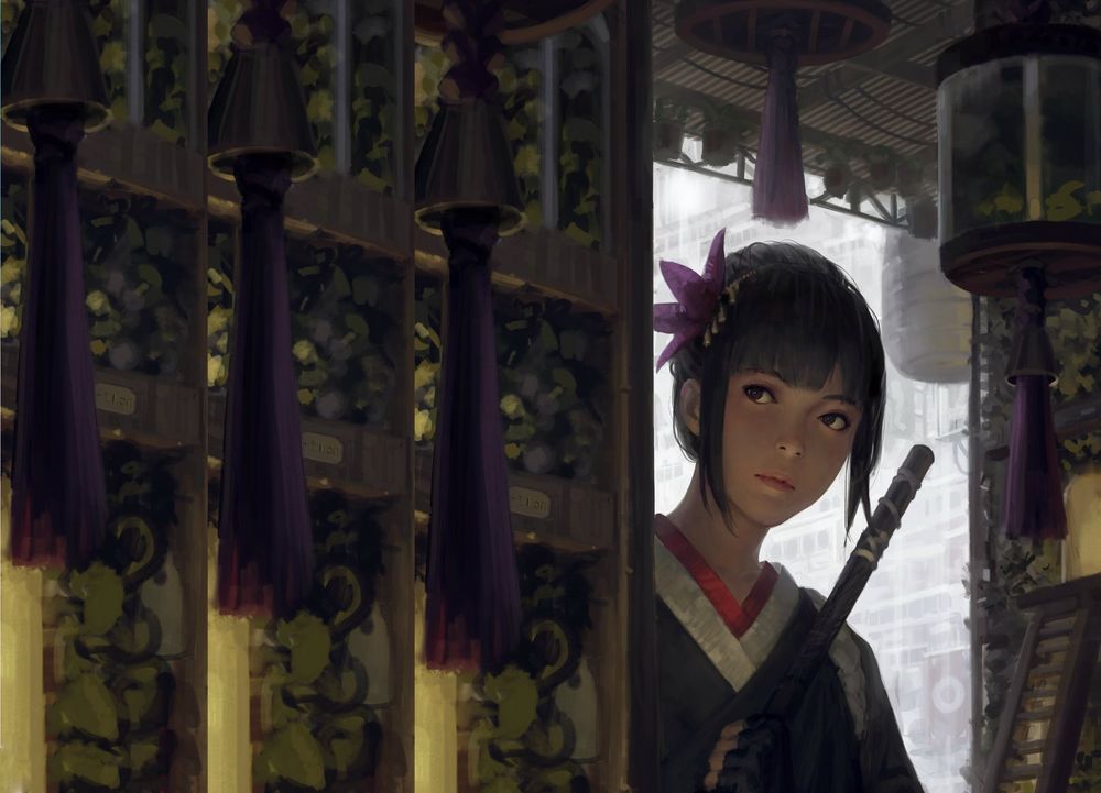 Обои для рабочего стола Девушка стоит в проеме, by guweiz