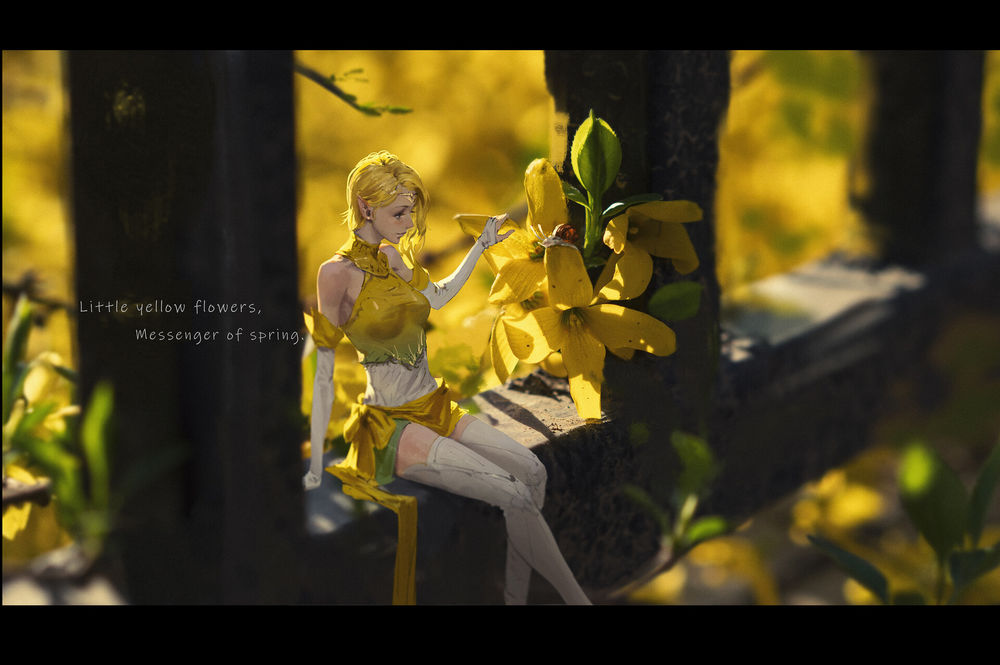 Обои для рабочего стола Девушка в желтом платье сидит у желтого цветка (little yellow flowers, messenger spring / маленький желтый цветок, послание весны), by Rui Li