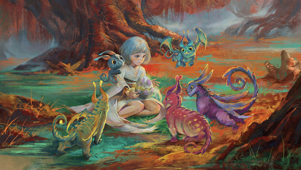 Обои для рабочего стола Young Dragon Queen / Молодая Королева Драконов сидит на земле с яйцом среди дракончиков, by MUMU MEI