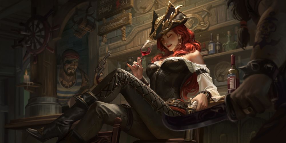 Обои для рабочего стола Miss Fortune / Мисс Фортуна сидит в таверне с бокалом вина посреди вооруженных пиратов, арт к игре League of Legends / Лига Легенд, by Hou China