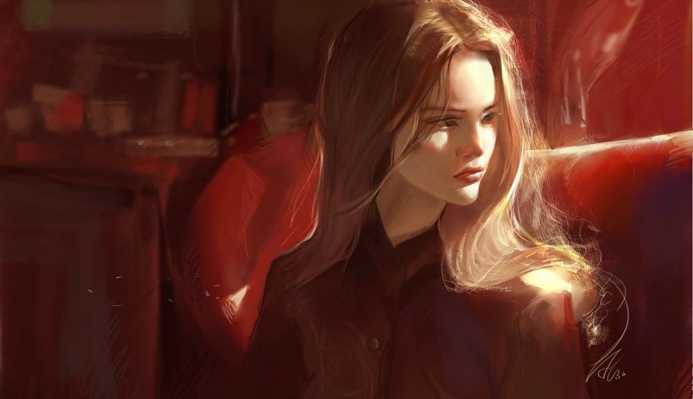 Обои для рабочего стола Девушка с длинными волосами смотрит в сторону, by AL SO