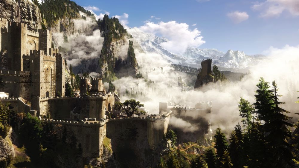 Обои для рабочего стола Замок, окутанный облаками, среди сосен и гор, арт к игре Ведьмак 3 / The Witcher 3