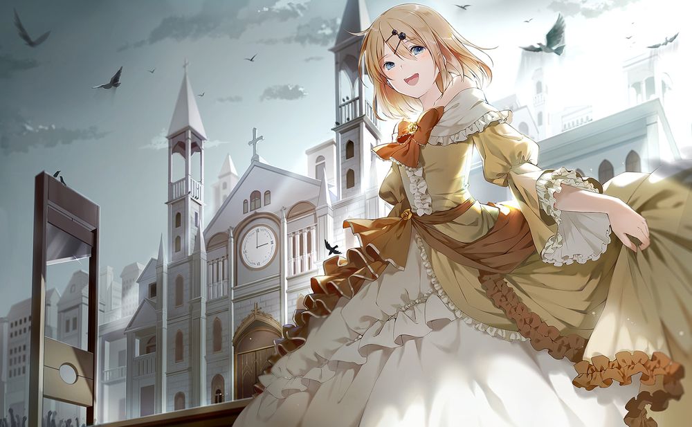 Обои для рабочего стола Vocaloid / вокалоид Sakine Meiko в историческом платье с кринолином рядом с гильотиной на фоне замка, над которым кружат летучие мыши