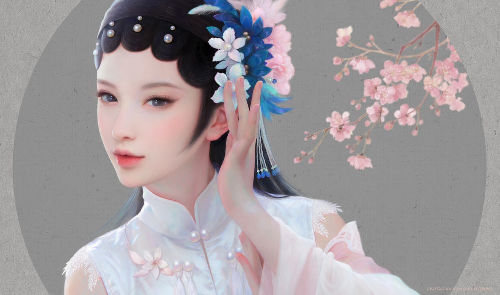 Обои для рабочего стола Девушка-китаянка в белой рубашке с цветами на голове, by Ruoxin Zhang