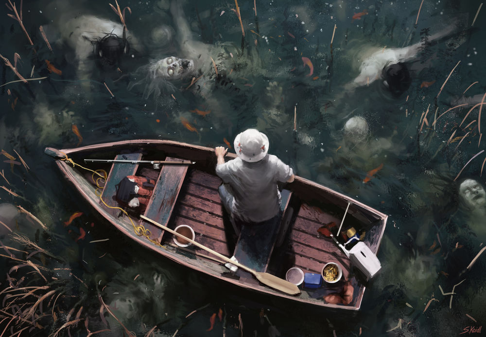 Обои для рабочего стола Рыбак в лодке смотрит на призраков в Dead lake / Мертвом озере, by Stefan Koidl