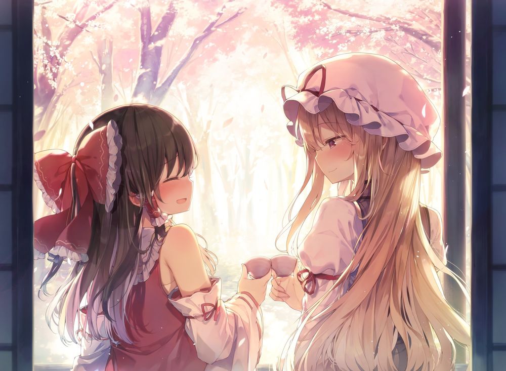 Обои для рабочего стола Youkari Yakumo / Юкари Якумо и Рейму Хакурей / Reimu Hakurei дегустируют сакэ, любуясь цветением сакуры, из игры Тохо / Проект Восток / Touhou Project