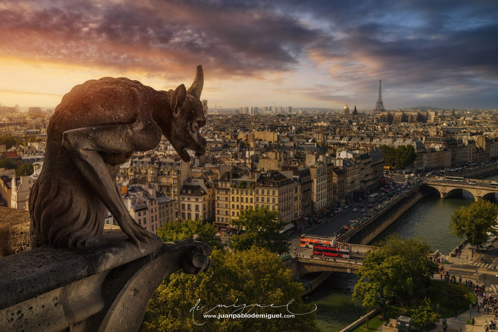 Обои для рабочего стола Работа Even the gargoyles are crying / Даже горгульи плачут, панорамный вид на Париж, by Juan Pablo de Miguel