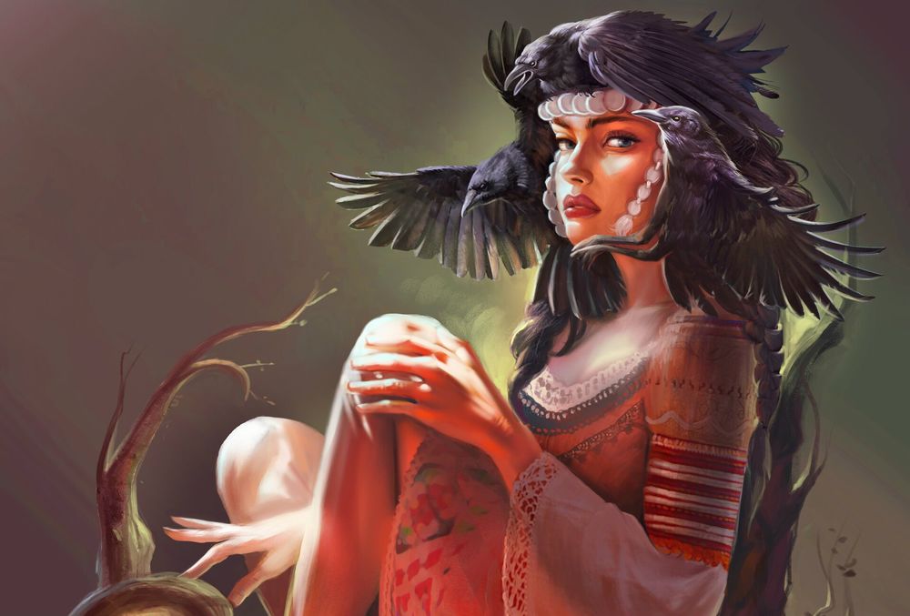 Обои для рабочего стола Девушка с птицами на голове, by Kaloyan Stoyanov