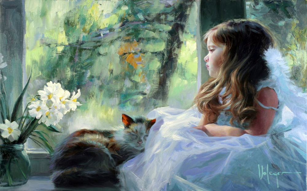 Обои для рабочего стола Кошка спит на подоконнике рядом с сидящей девочкой в белом платье, которая с грустью смотрит в окно, художник ВЛАДИМИР ВОЛЕГОВ