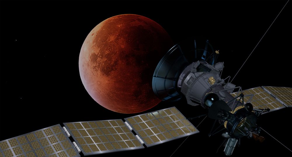 Обои для рабочего стола Спутник на фоне кровавой Луны и космоса, by Orlando