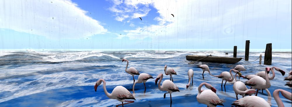 Обои для рабочего стола Стая фламинго на морском берегу, by Virtual World Design