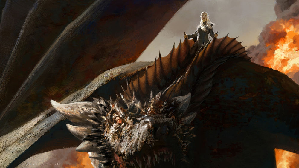 Обои для рабочего стола Daenerys Targaryen / Дейнерис Таргариен летит на драконе, арт к сериалу Game Of Trones / Игра Престолов, by Joon Ahn